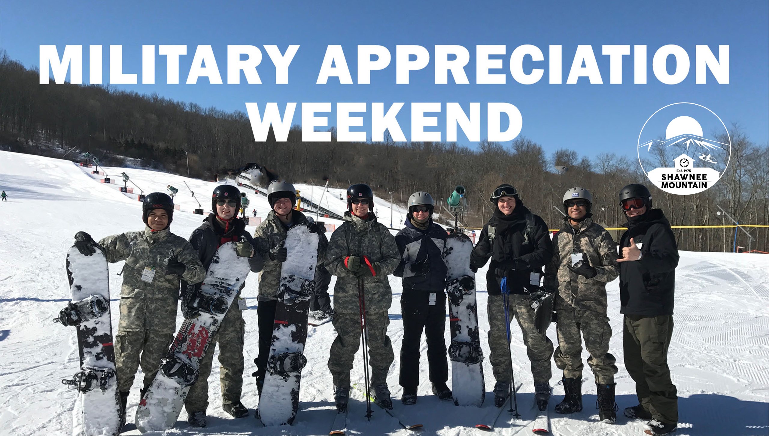 Military appreciation weekend graphic with snowboarders and skiers in the back