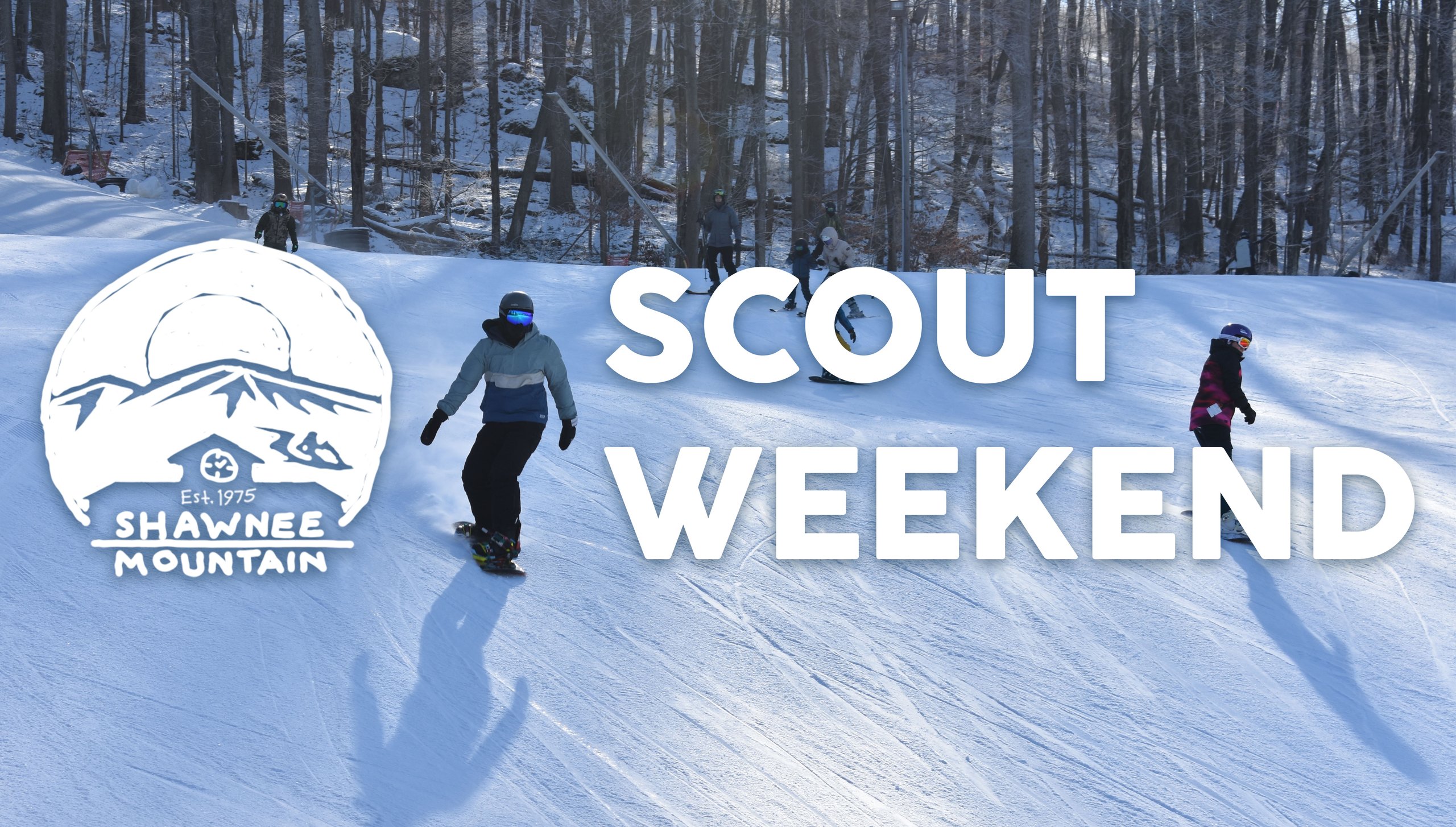 Scout weekend graphic with snowboarders coming down the hill
