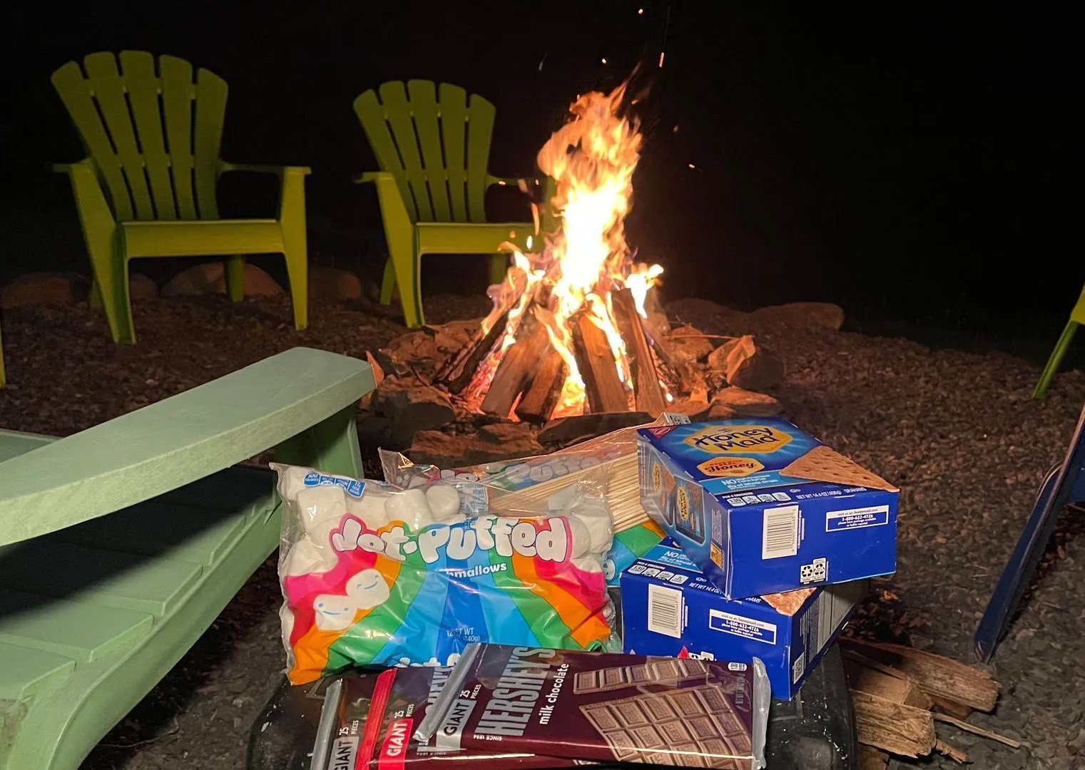 marshmallows, graham crackers and chocolate by the fire