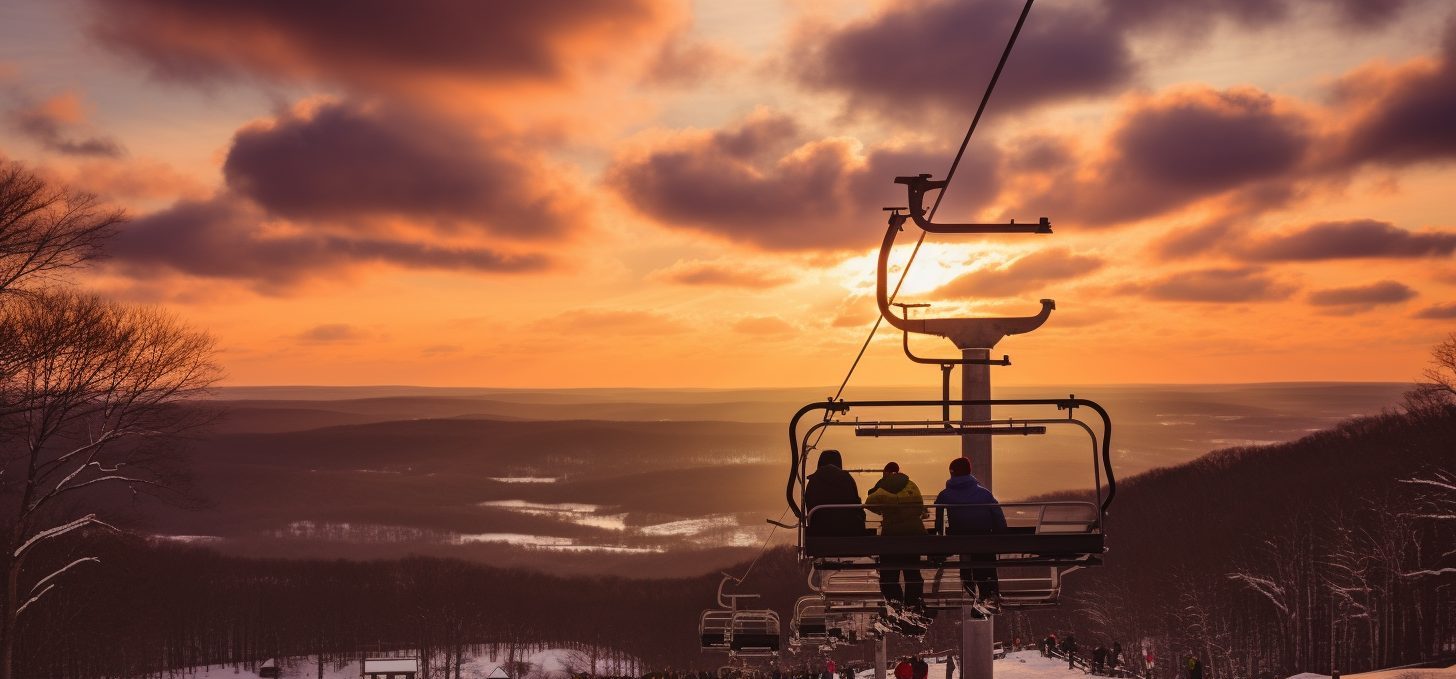 People on ski lift during sunset.